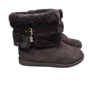 Juicy Couture Faux Fur Trim Winter Boots Slippers Brown Buckle JC Charm 9-9.5